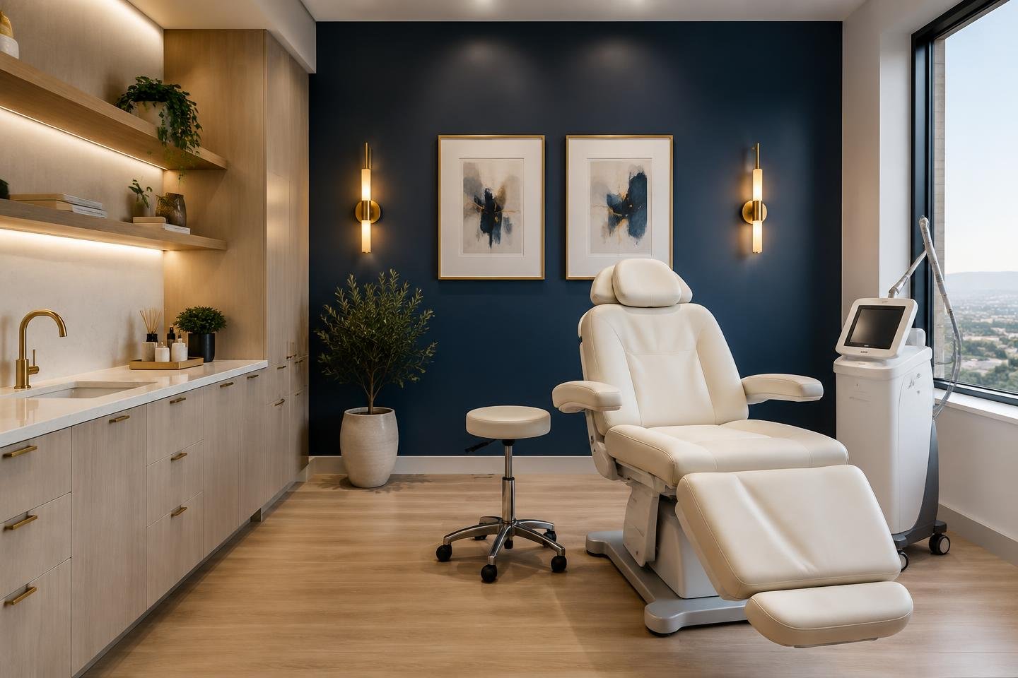 Treatment room at the clinic with treatment chair and laser device