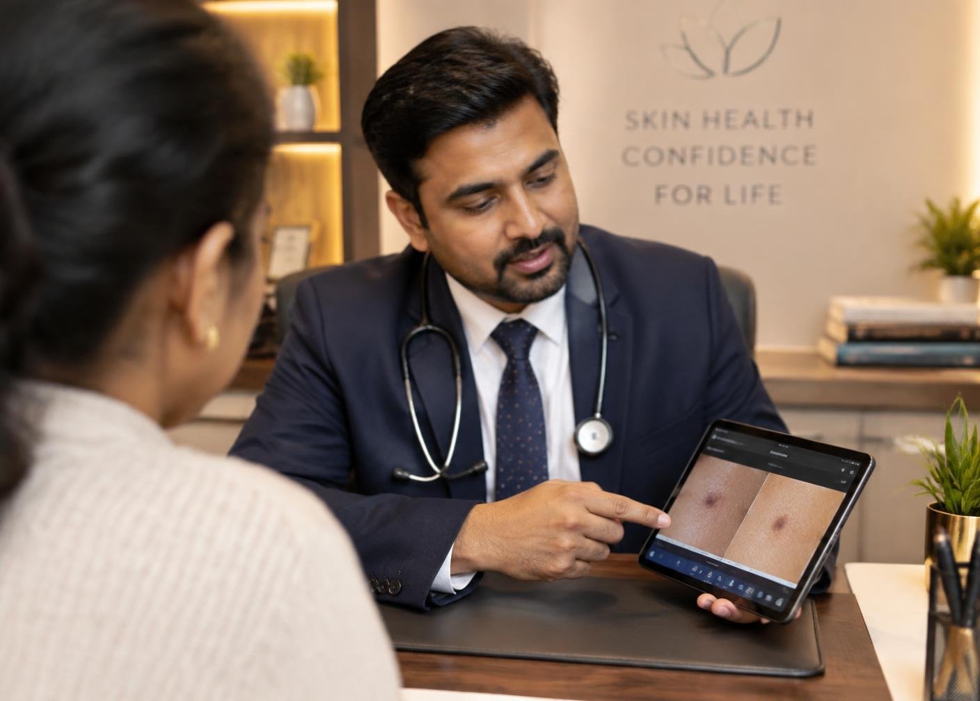 Doctor discussing skin images with a patient