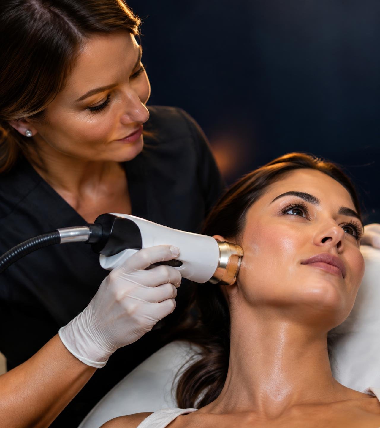 Clinician performing a laser skin treatment on a patient's cheek